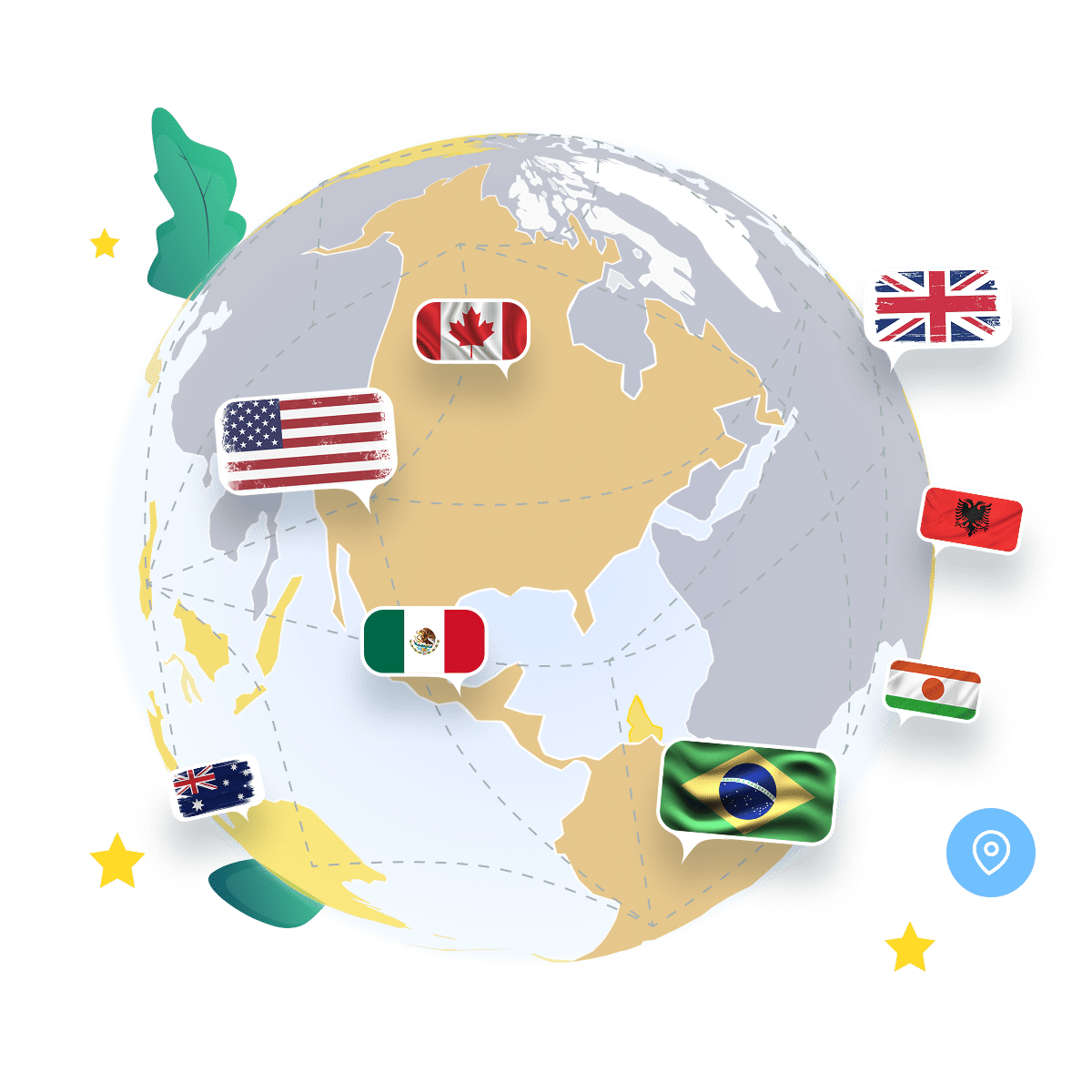 A stylized globe with speech bubbles showing the flags of the USA, Canada, UK, Australia, Mexico, Brazil, Albania, and Niger, indicating global communication. Green leaves and yellow stars decorate the background.
