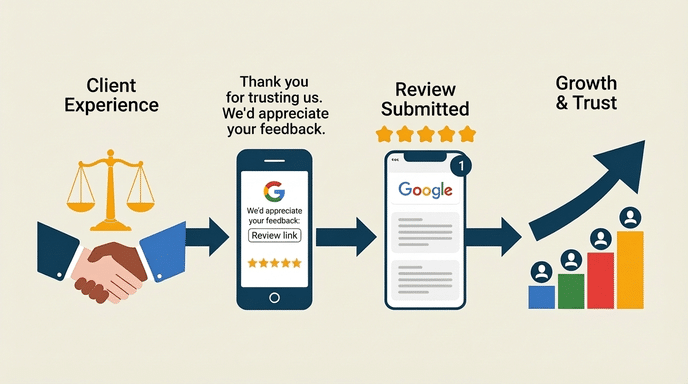 A graphic illustrating how to get more Google reviews for your law firm: handshake with scales labeled Client Experience, a phone with a review request, a submitted Google review with stars, and an upward arrow labeled Growth & Trust above bar graphs.
