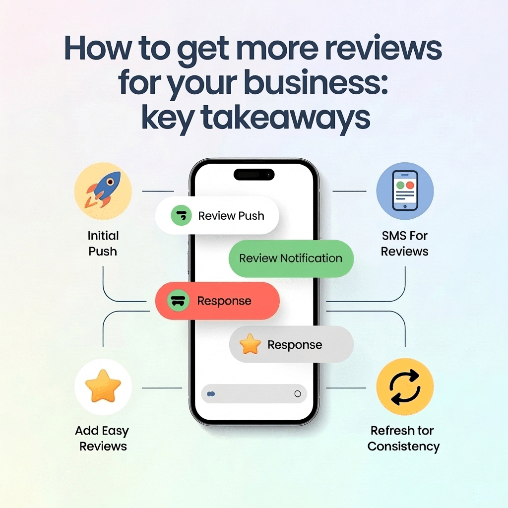 A graphic titled How to Get More Reviews for Your Business: key takeaways displays a smartphone with review notifications, plus icons highlighting initial push, SMS for reviews, easy reviews, timely responses, and consistency refresh.