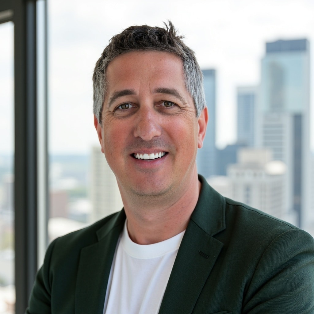 Jeff Schwerdt with short gray hair, wearing a white t-shirt and dark green blazer, smiles while standing indoors with a city skyline visible through the window behind him.