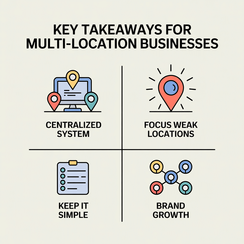 An infographic titled Key Takeaways for Multi-Location Businesses with four icons: a centralized system, focus weak locations, keep it simple, and brand growth—each reflecting strategies on how to get more Google Reviews for a multi-location business.