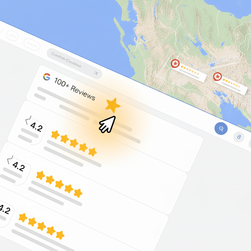 A computer screen displays a map and a list of Google reviews with star ratings. A cursor selects a highlighted star next to a review summary labeled “100+ Reviews,” illustrating how to get more Google reviews for your law firm.