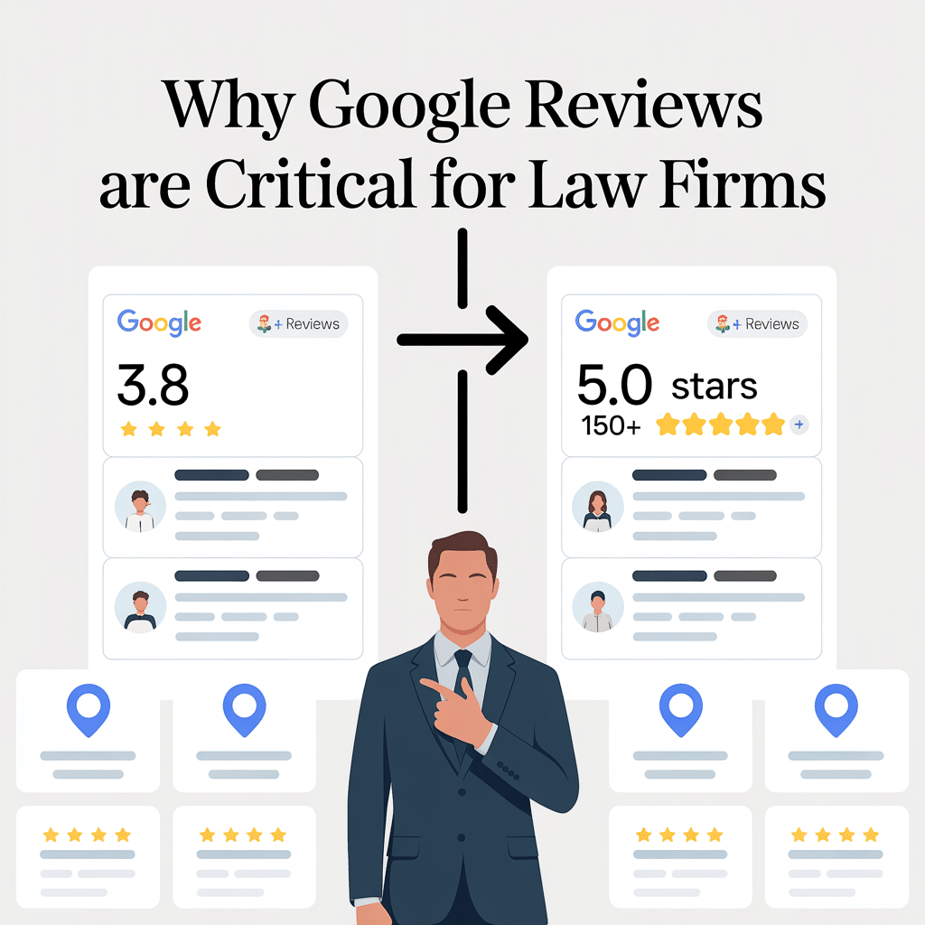 An illustration shows a man in a suit pointing upward at two Google review cards. Text reads, Why Google Reviews are Critical for Law Firms—highlighting how to get more Google reviews for your law firm and the impact of higher ratings.