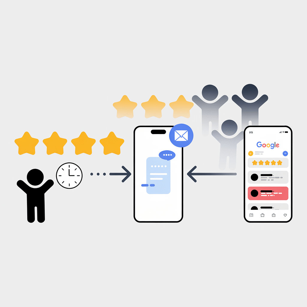 Illustration of a person rating five stars, a clock, and a message sent to a smartphone. The process shows how to get more reviews for your business, leading to a group and a phone displaying a five-star Google review.