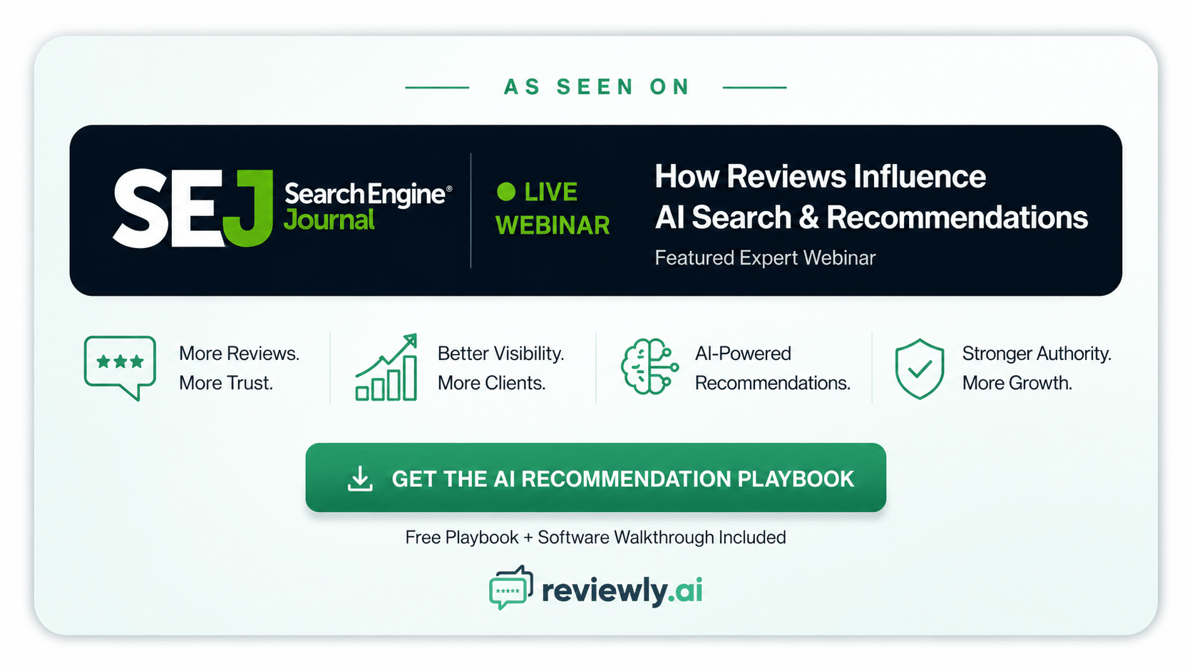 Promotional graphic for a live webinar by Search Engine Journal and reviewly.ai on how reviews influence AI search and recommendations, featuring key benefits and a call to get the AI recommendation playbook.