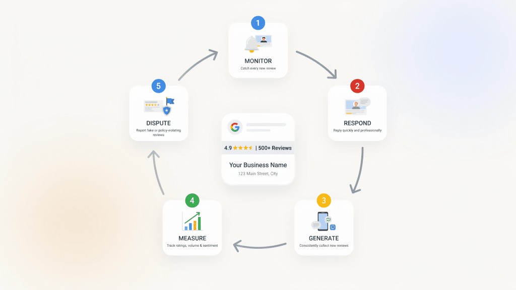 A circular flowchart shows steps for managing online reviews: Monitor, Respond, Generate, Measure, Dispute. Each step has an icon and description, with a business review example in the center.